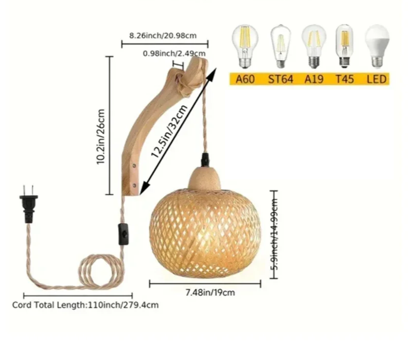 NaturLume Bambus Wandlaterne – Handgeflochtene Wandleuchte aus Rattan mit E27 Sockel