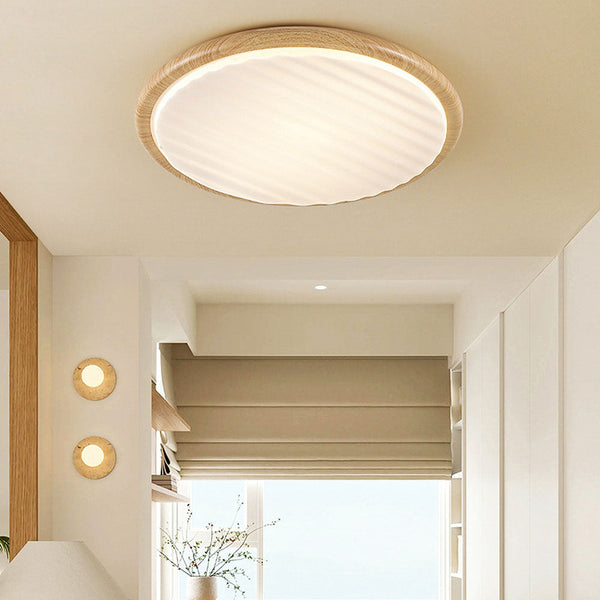 Runde, plissierte LED-Schlafzimmer-Deckenleuchte aus Holz