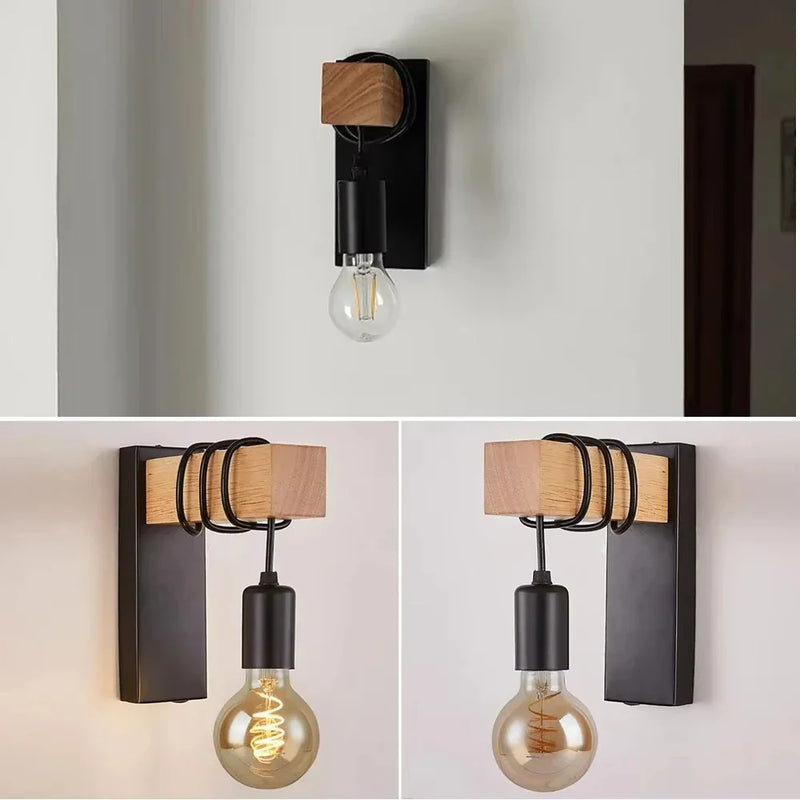 RetroLume – Vintage LED Wandlampe aus Holz & Eisen mit E27 | Industrial & Loft Stil