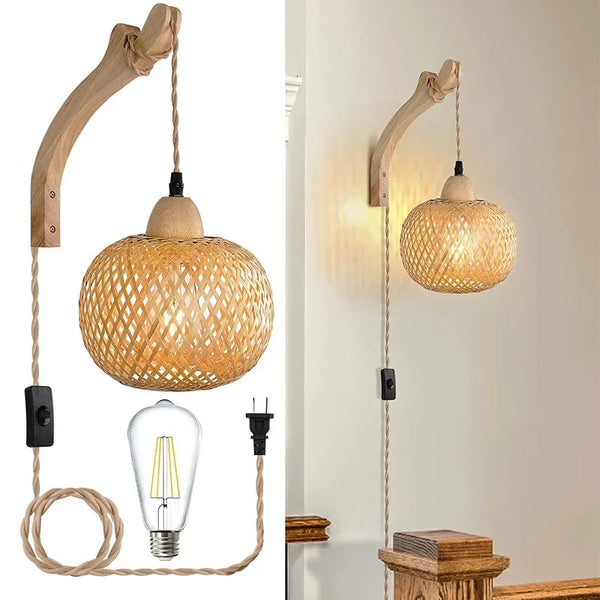 NaturLume Bambus Wandlaterne – Handgeflochtene Wandleuchte aus Rattan mit E27 Sockel