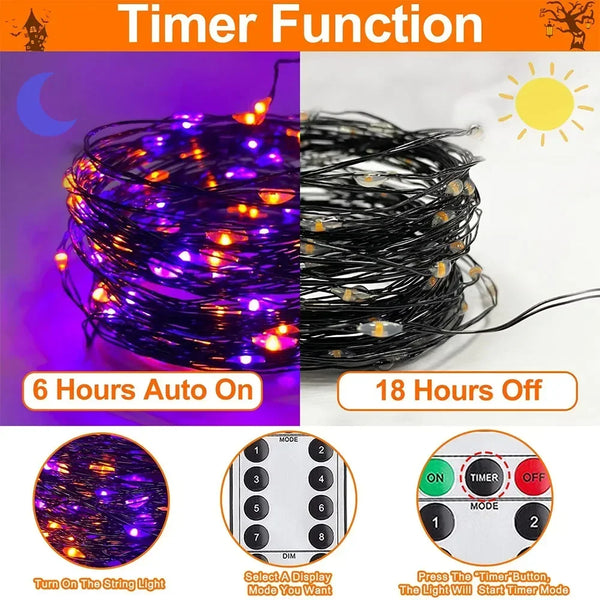 GLOWSPELL – Halloween LED Lichterkette 100/200 LEDs mit Schwarzem Kabel