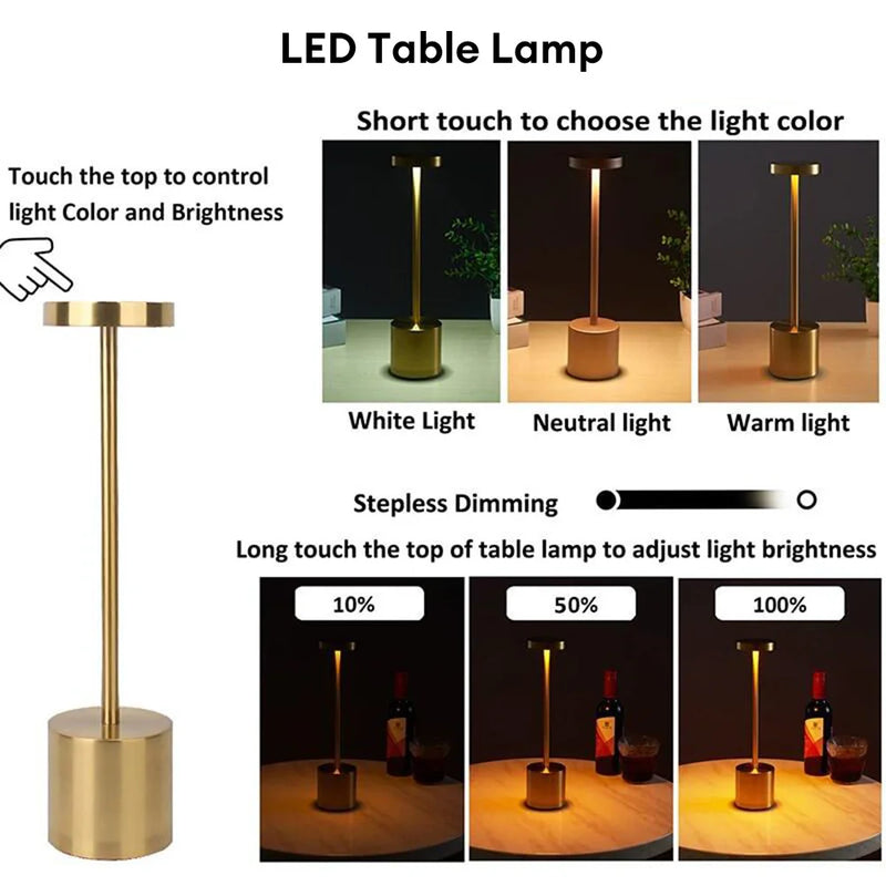 LumiÉlan – Klassische Wiederaufladbare Tischlampe mit Touch, 3 Farben & Stufenloser Dimmung
