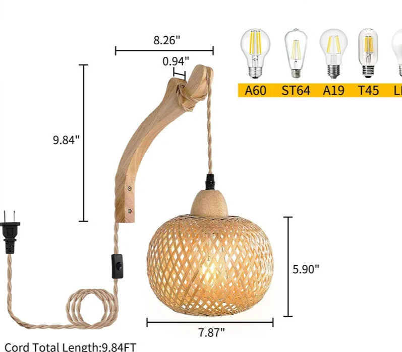NaturLume Bambus Wandlaterne – Handgeflochtene Wandleuchte aus Rattan mit E27 Sockel